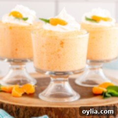 Close-up of a perfectly portioned whipped Jello Mandarin Orange Mousse in a small dessert cup, ready for serving.