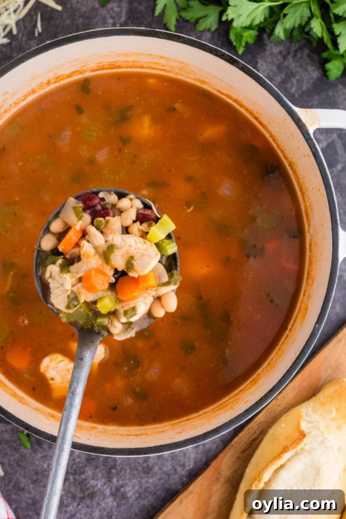 A ladle full of hearty chicken bean soup being served