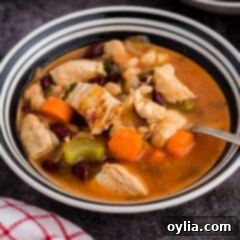 Close-up of a rustic bowl of chicken bean soup with a tomato base