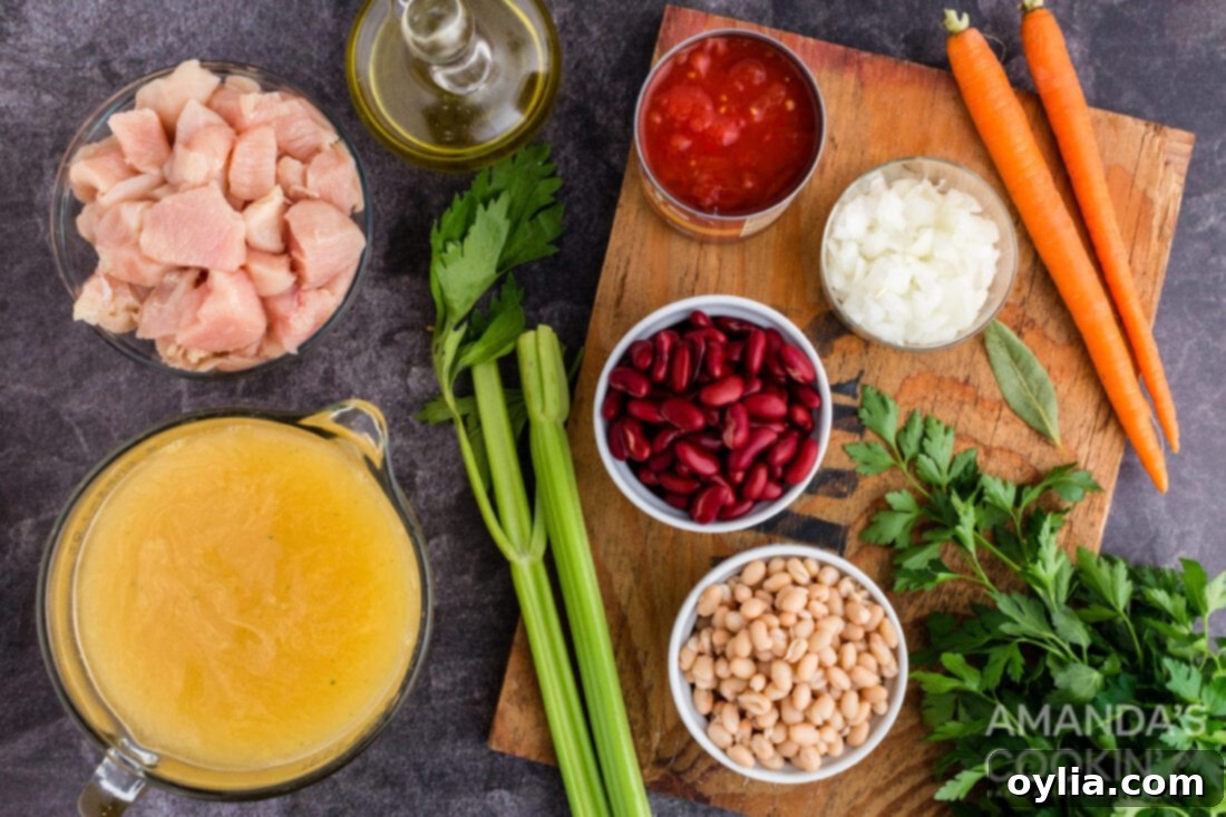 Fresh ingredients for hearty chicken bean soup recipe with a tomato base