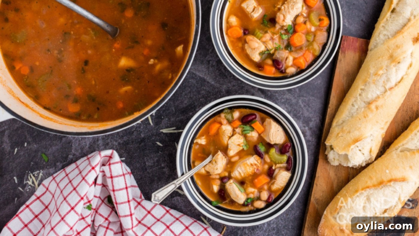 Two bowls of hearty chicken bean soup garnished with fresh parsley
