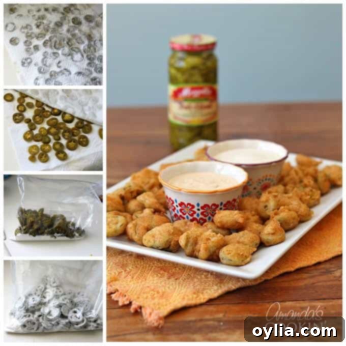 Photos of the steps to make crispy fried jalapeno slices.