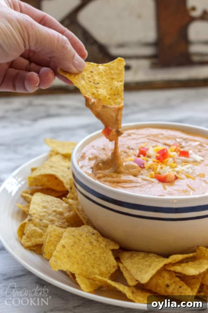 Rich and creamy chili cheese dip in a white bowl, perfect for dipping tortilla chips.