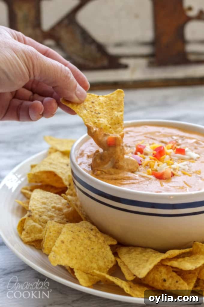 Overhead shot of a bowl of hot chili cheese dip, with a spoon and tortilla chips scattered around.
