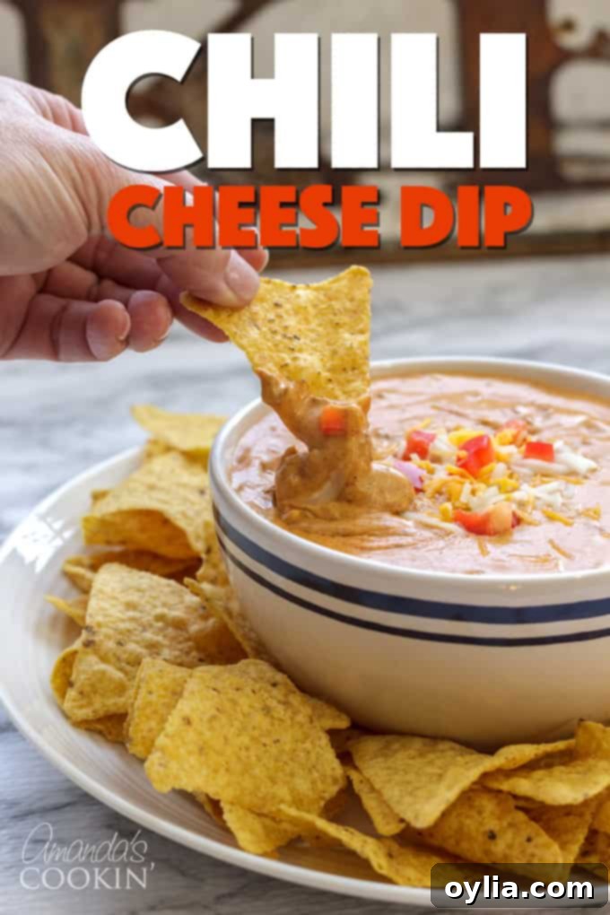 Pin graphic for chili cheese dip, showing a bowl of dip with chips and text: '3-Ingredient Chili Cheese Dip. Easy and delicious!'