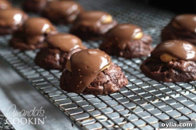 A close up photo of a buckeye brownie cookie with a smooth chocolate top on a cooling rack.