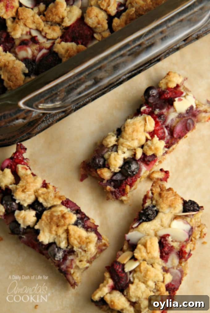 A close up overhead photo of three berrylicious cookie bars.