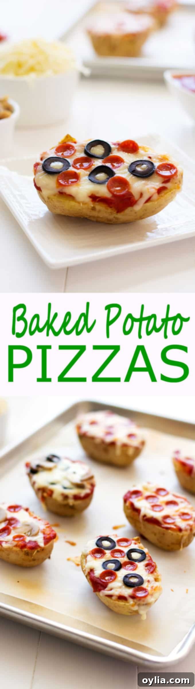 Photos of baked potato pizzas on a baking sheet and on a plate.