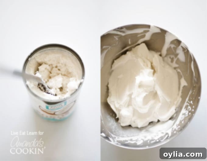 Overhead photos of a can of coconut cream and a stainless steel bowl of coconut cream.