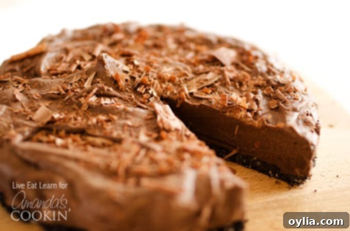 A close up of an avocado chocolate mousse cake with a slice missing.