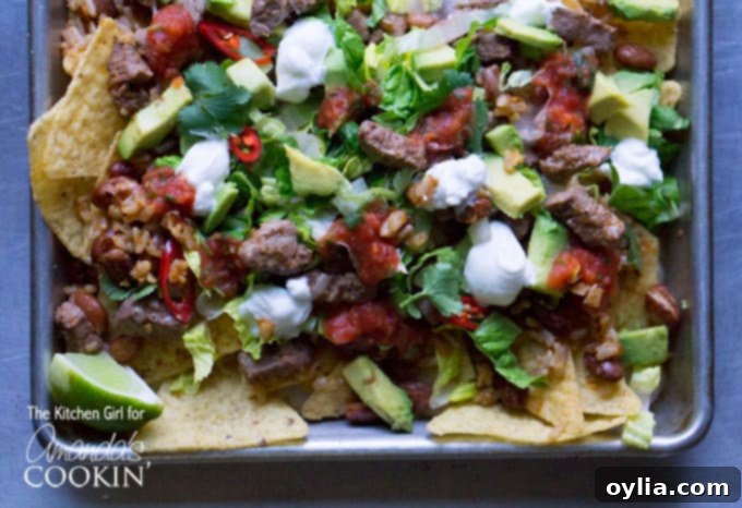 A close up overhead photo of filet mignon steak nachos.
