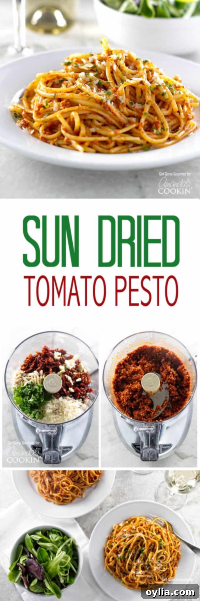 Photos of sun-dried tomato pesto in a food processor.