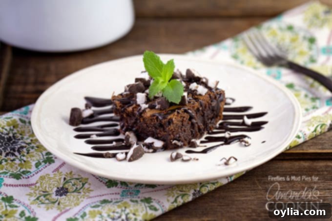 A photo of a peppermint patty brownie topped with drizzled chocolate sauce and a mint leaf.
