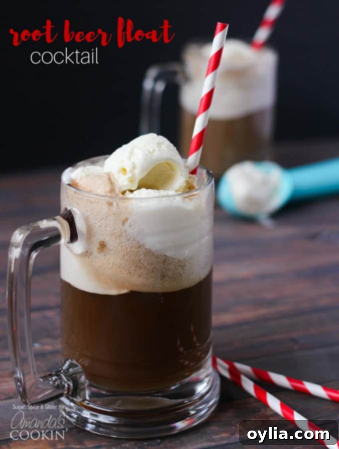 A close up photo of a root beer float cocktail served with a red and white straw.