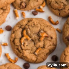 Close up photo of a Pretzel Chocolate Chip Cookie with visible chocolate and pretzel bits