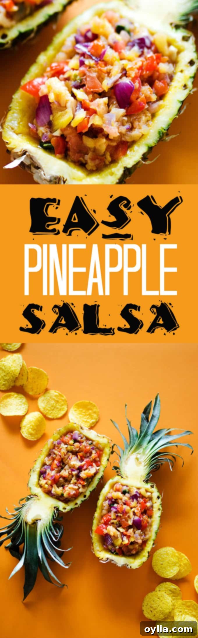 Overhead composite photos of easy pineapple salsa in various stages, suitable for Pinterest.