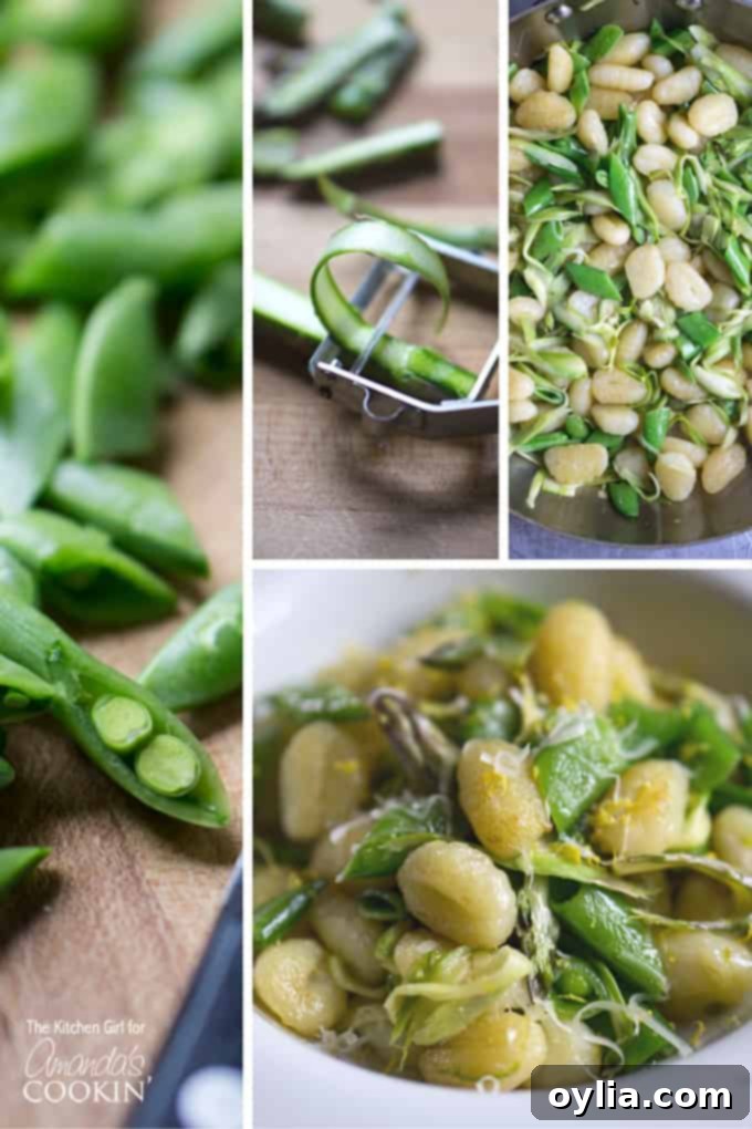 Photos of the steps to make pan-seared gnocchi with shaved asparagus.