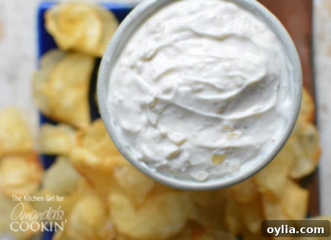 A close up overhead of skinny French onion dip in a white bowl with potato chips in the background.