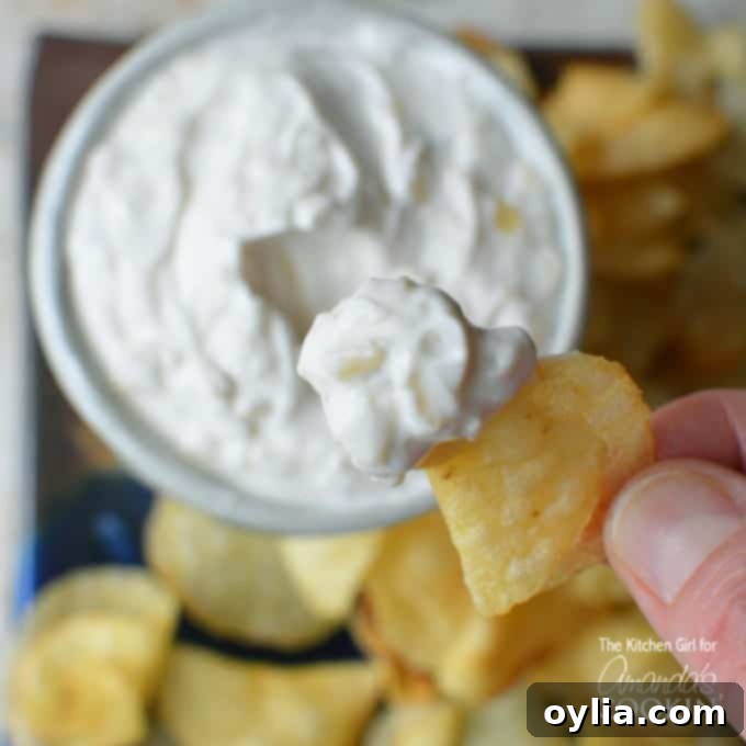 A close up of a potato chip with skinny French onion dip on it and the bowl of dip in the background.