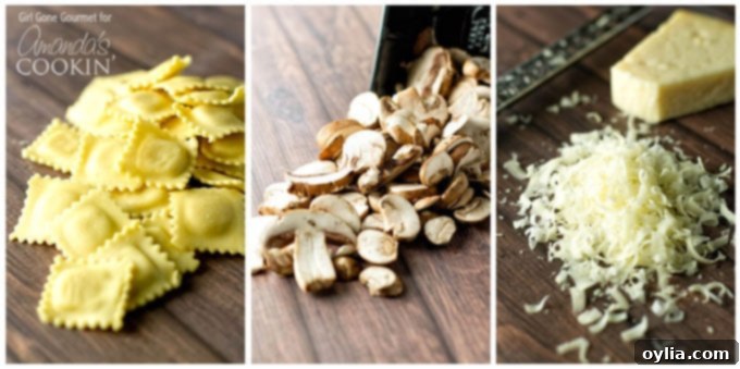 This creamy mushroom ravioli dish starts on the stove and finishes in the oven making it the perfect weeknight dinner. A stovetop casserole! Ingredients for creamy mushroom ravioli: uncooked ravioli, sliced mushrooms, grated parmesan