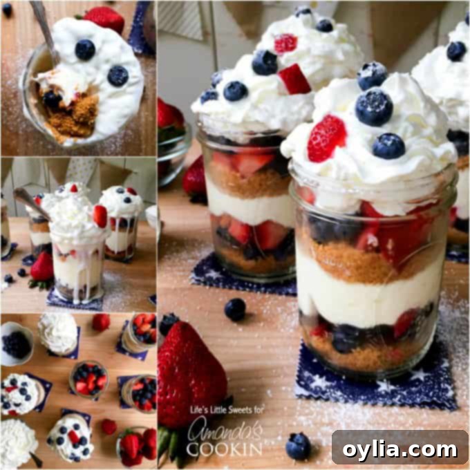 An assortment of images of no bake berry cheesecake trifles in mason jars on a wooden cutting board.