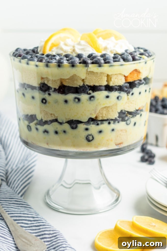 lemon blueberry trifle with a blue towel and lemons on table