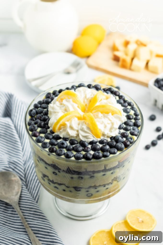 overhead view of a blueberry topped lemon trifle