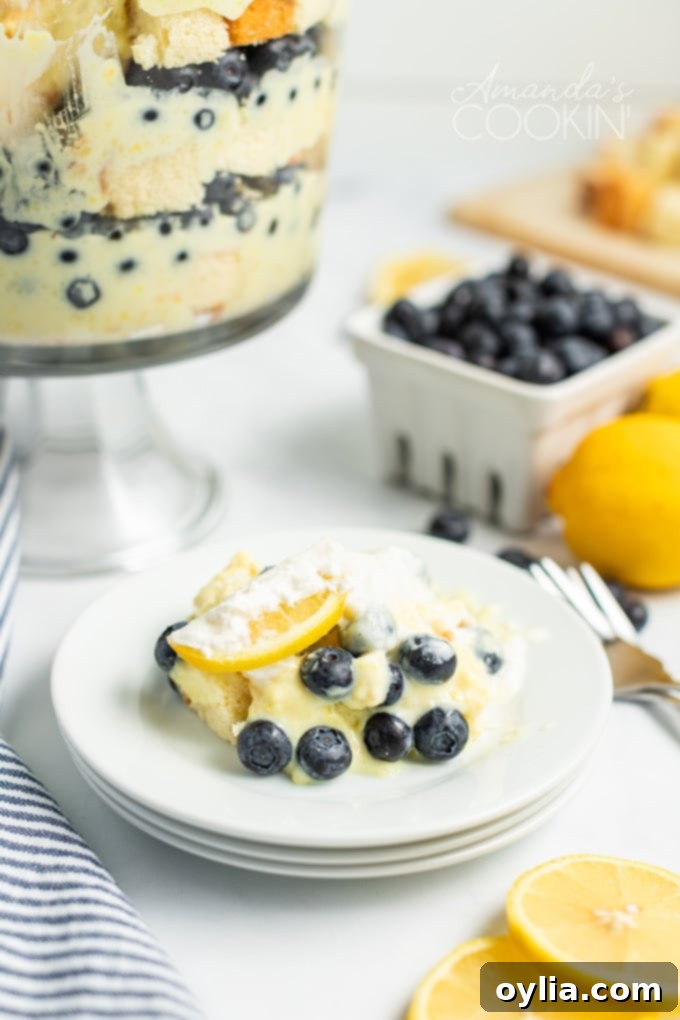 helping of lemon blueberry trifle on a plate