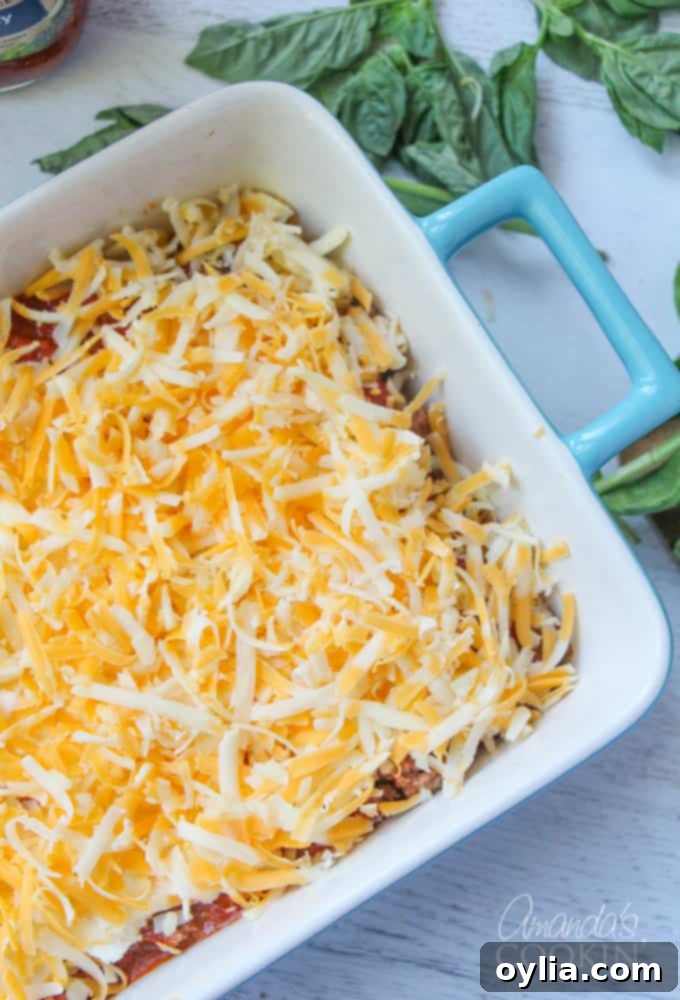 An overhead photo of a thick layer of shredded cheddar cheese spread over the Ragu sauce, ground beef, pepperoni, ricotta, and lasagna noodles.