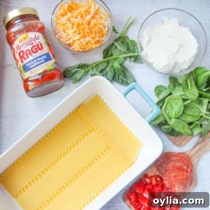An overhead photo of all the prepared ingredients for pizza lasagna, neatly spread out on the kitchen counter, ready for assembly.