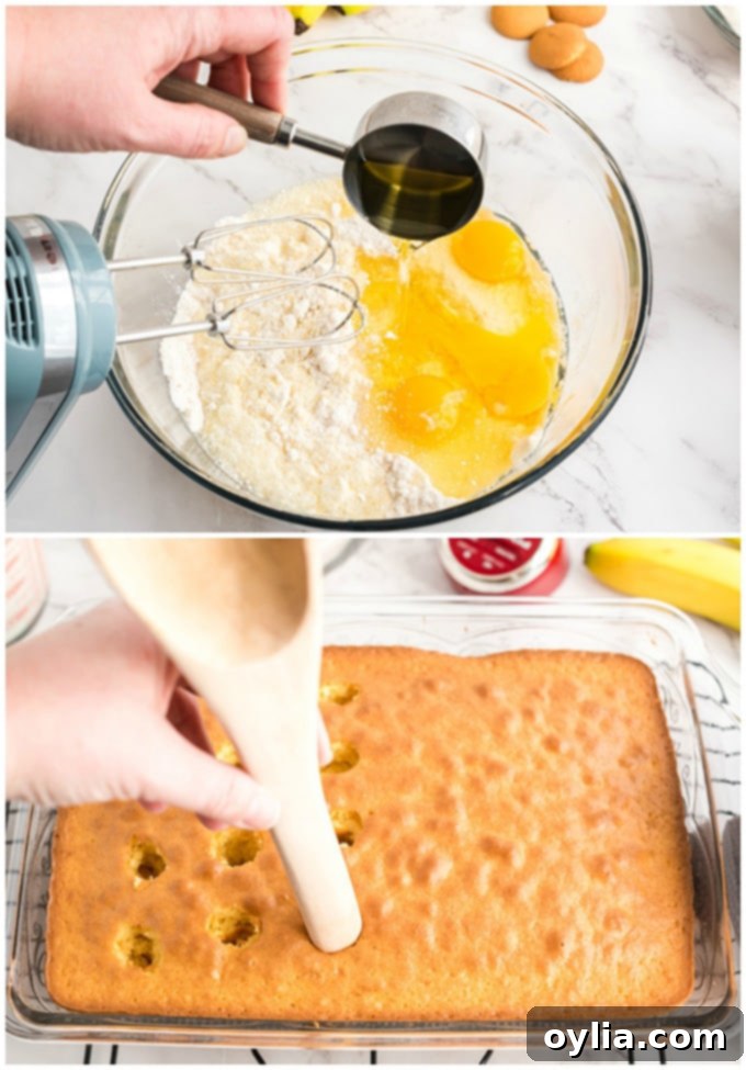 preparing cake mix for banana pudding poke cake
