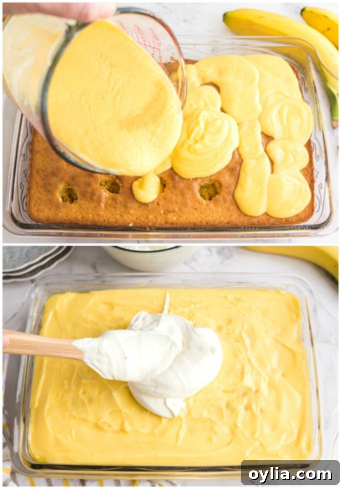 topping the banana pudding poke cake with whipped cream