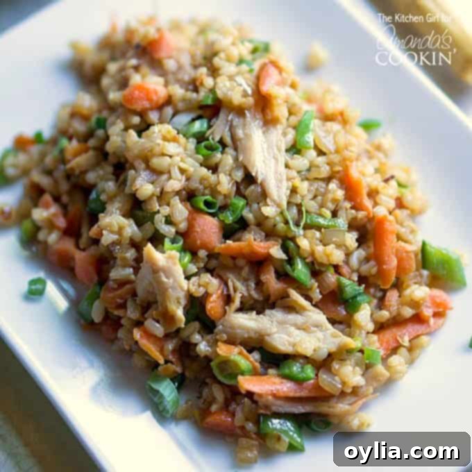 An overhead photo of teriyaki chicken and rice on a white plate.
