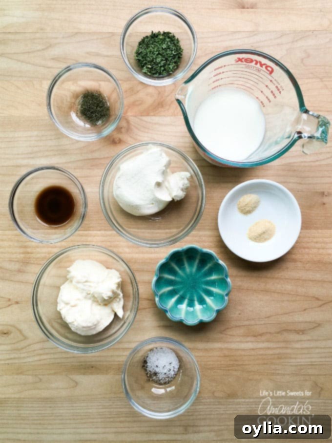 Ingredients for buttermilk ranch dressing laid out