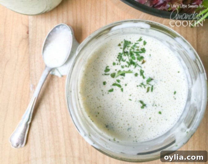 Buttermilk ranch dressing overhead shot in a bowl