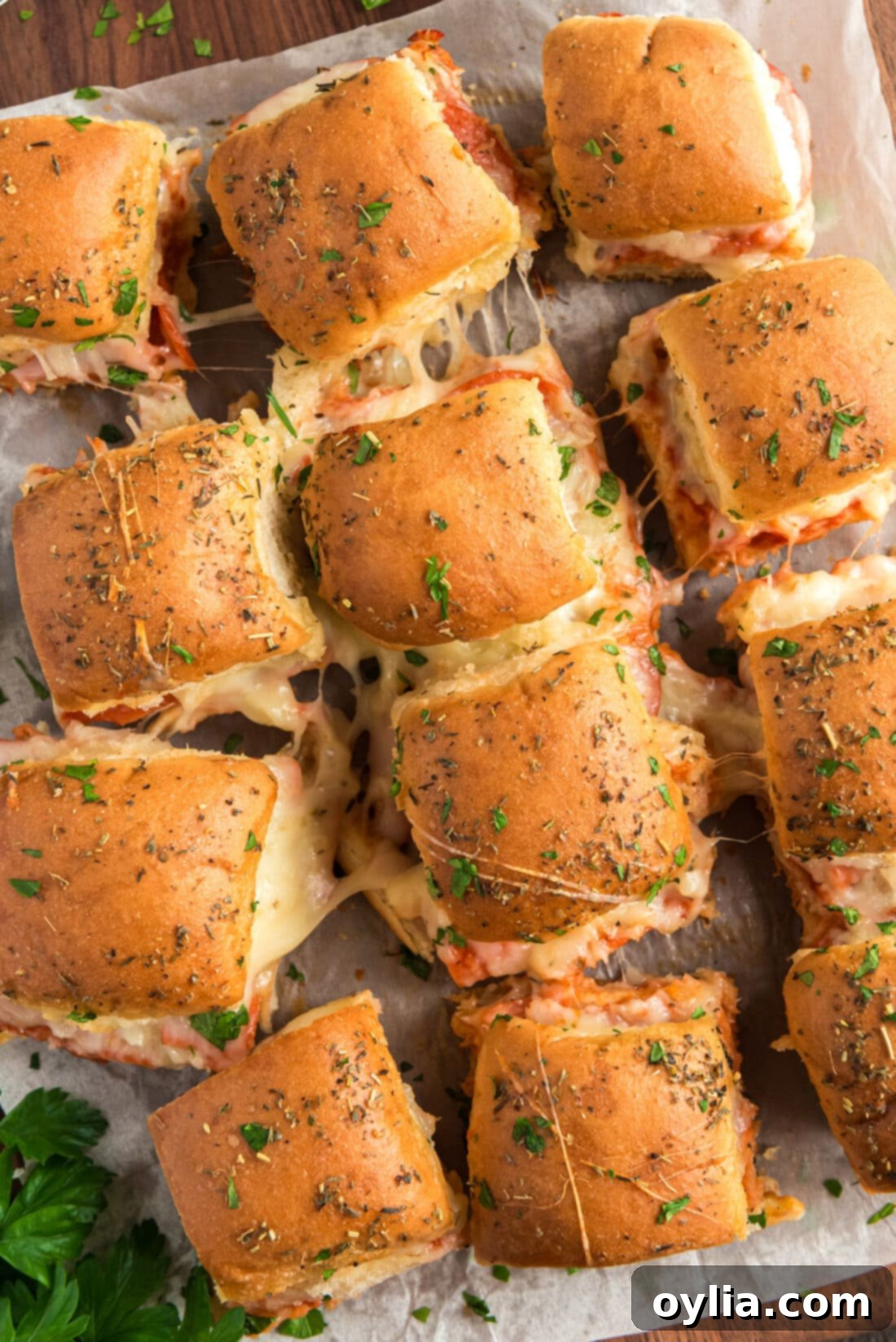 Overhead shot of freshly baked Pizza Sliders ready to be served