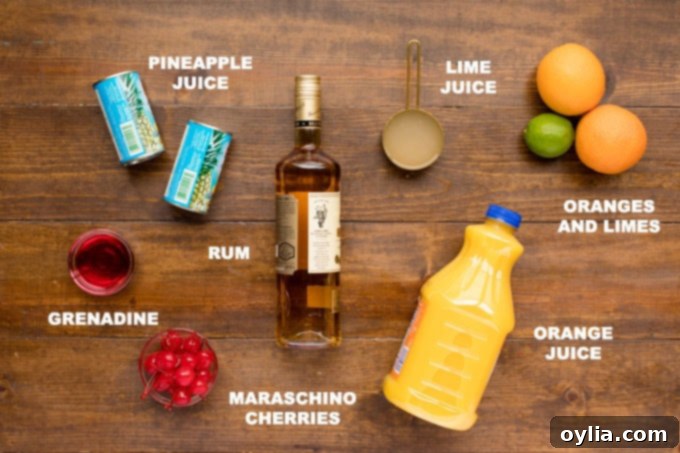 Ingredients for rum punch including pineapple juice, orange juice, lime juice, rum, and garnishes.