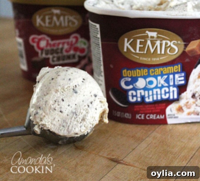 A photo of a scoop of ice cream with kemps ice cream containers in the background.