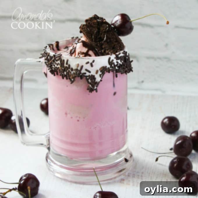A close up overhead photo of a cherry fudge chunk freakshake.