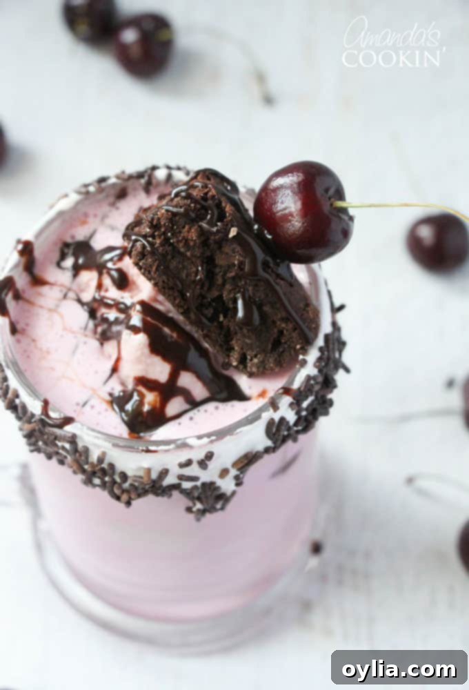 A close up overhead photo of a cherry fudge chunk freakshake.