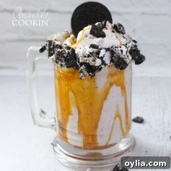 A close up photo of a double caramel cookie crunch freakshake.