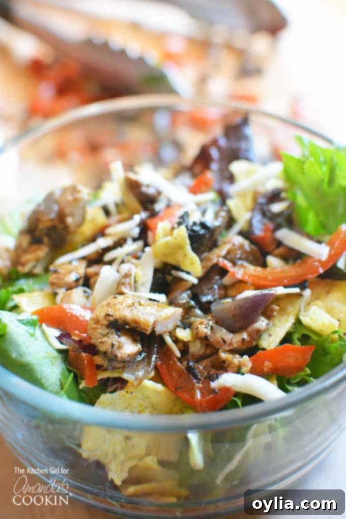 Close-up of a fresh Chicken Fajita Salad with grilled chicken and vegetables