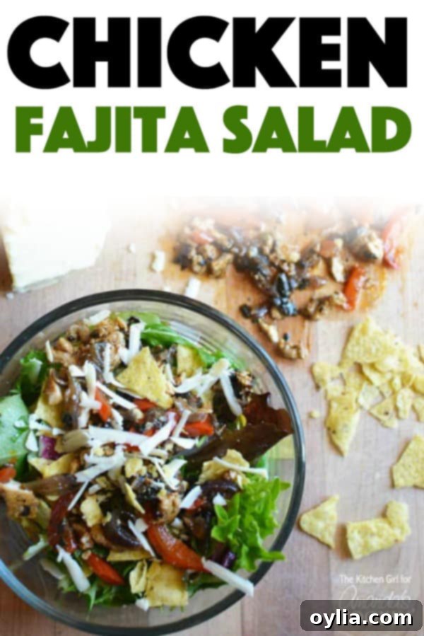 Pinterest Pin featuring a large bowl of Chicken Fajita Salad with bold text overlay