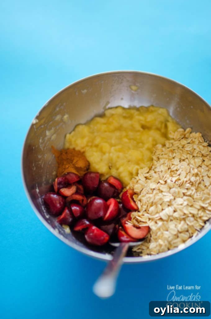 A stainless steel bowl filled with mashed bananas, chopped cherries and rolled oats.