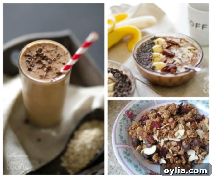 Photos of a loaded coffee breakfast smoothie, mocha smoothie bowl and homemade granola.