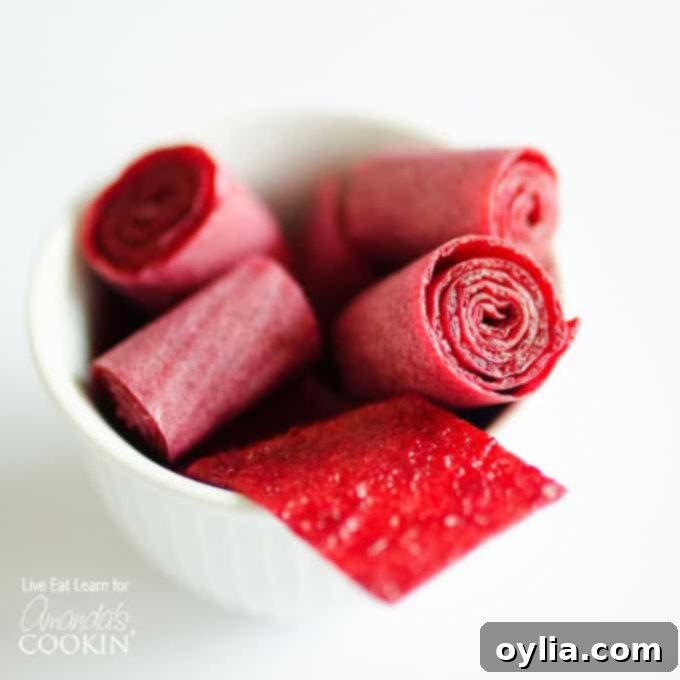 A close up of plum fruit roll ups in a white bowl.