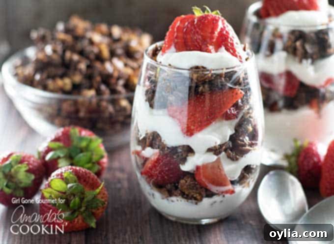 A close up photo of breakfast parfaits with strawberries and dark chocolate granola.