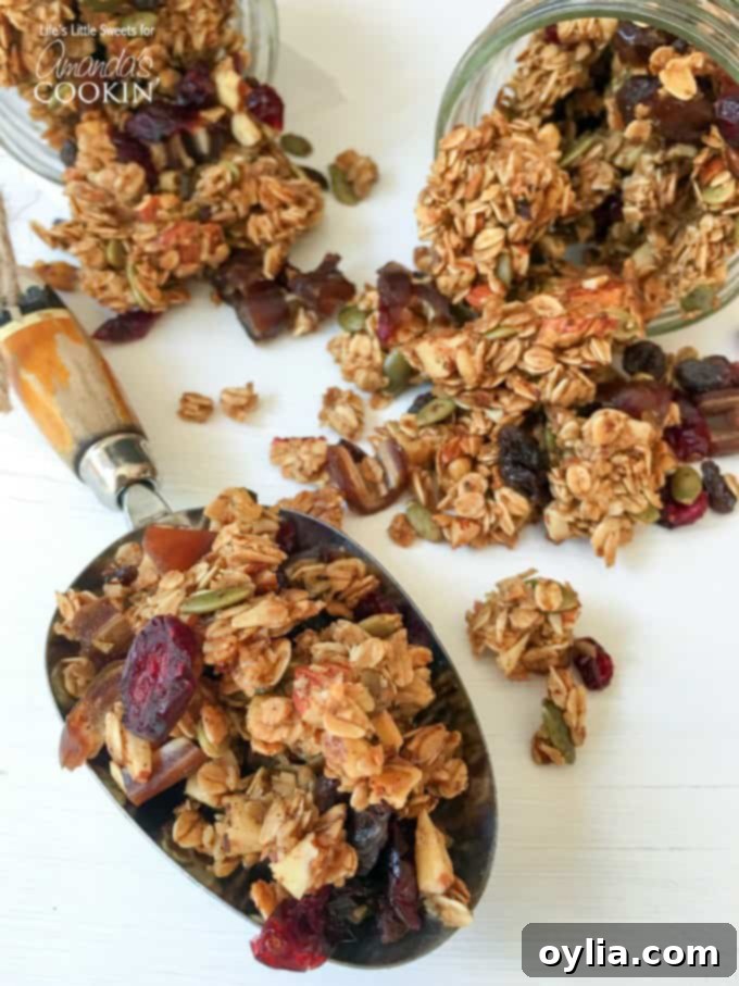A close up photo of autumn harvest fruit and nut granola.