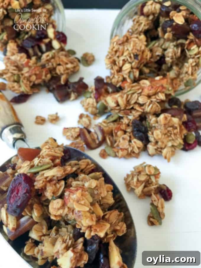 A close up photo of autumn harvest fruit and nut granola.