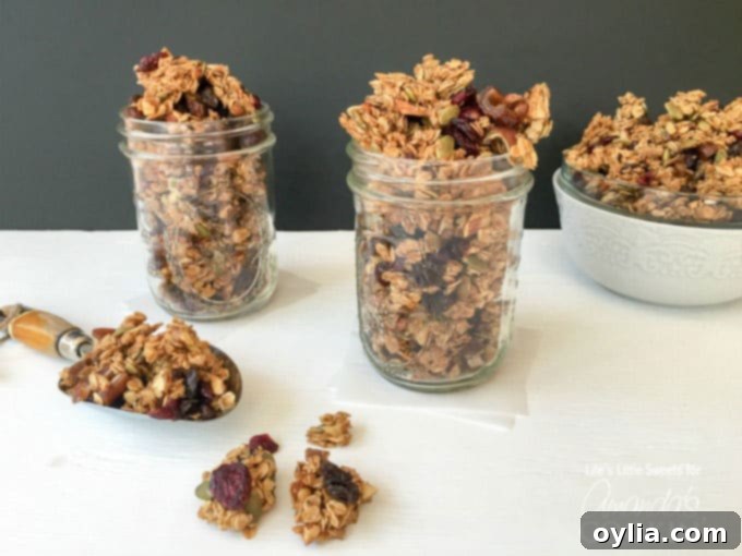 Autumn harvest fruit and nut granola in mason jars.